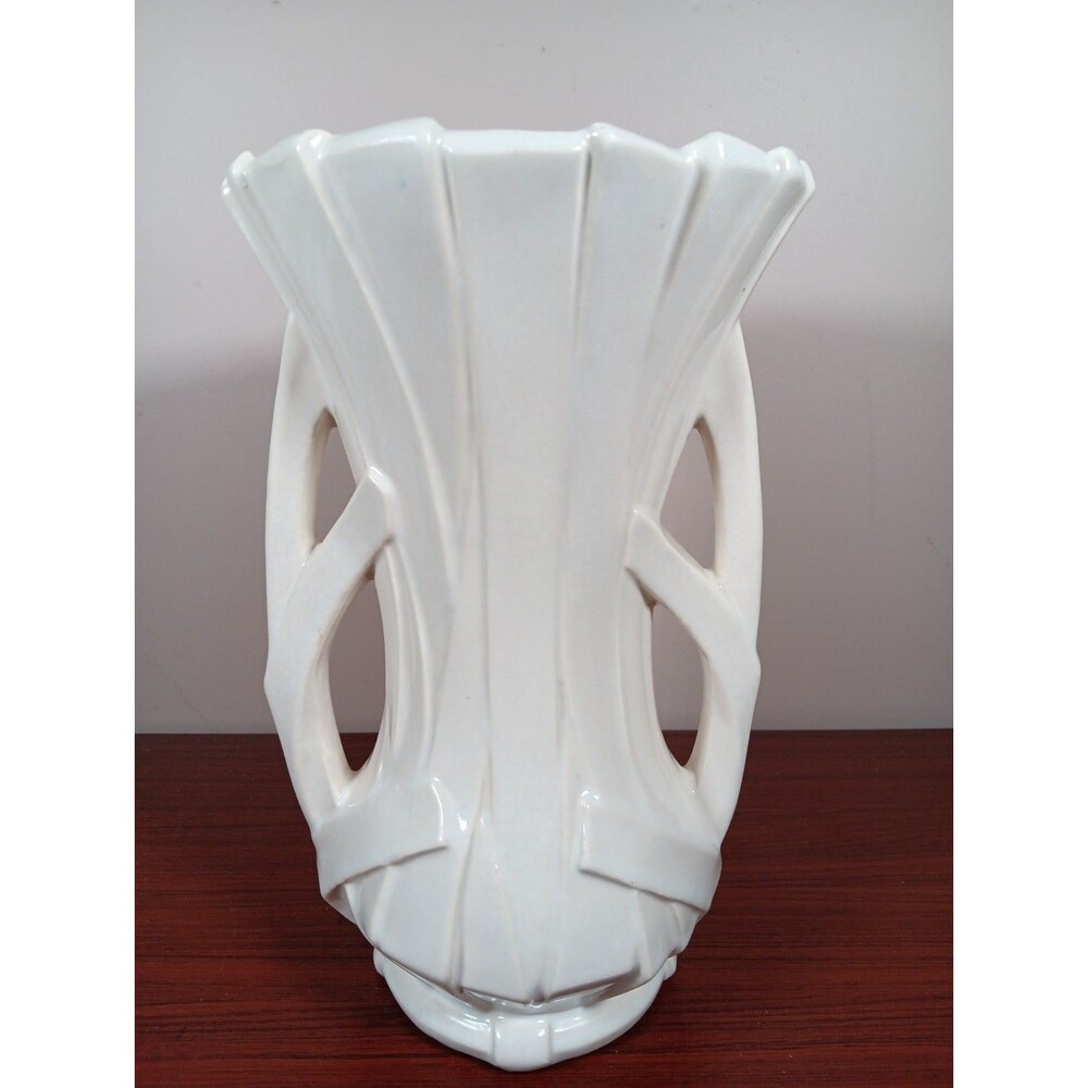 Vintage McCoy Strap Vase Cream 12" Tall Double Handles Circa 40s/50s
